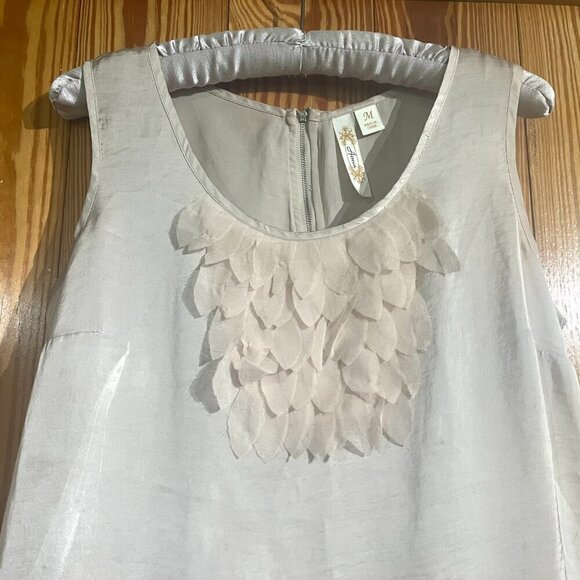 ADIVA Satin Feel Sleeveless Top / Shell Ruffle 3D Floral Appliqué Accent Ivory - Picture 2 of 11